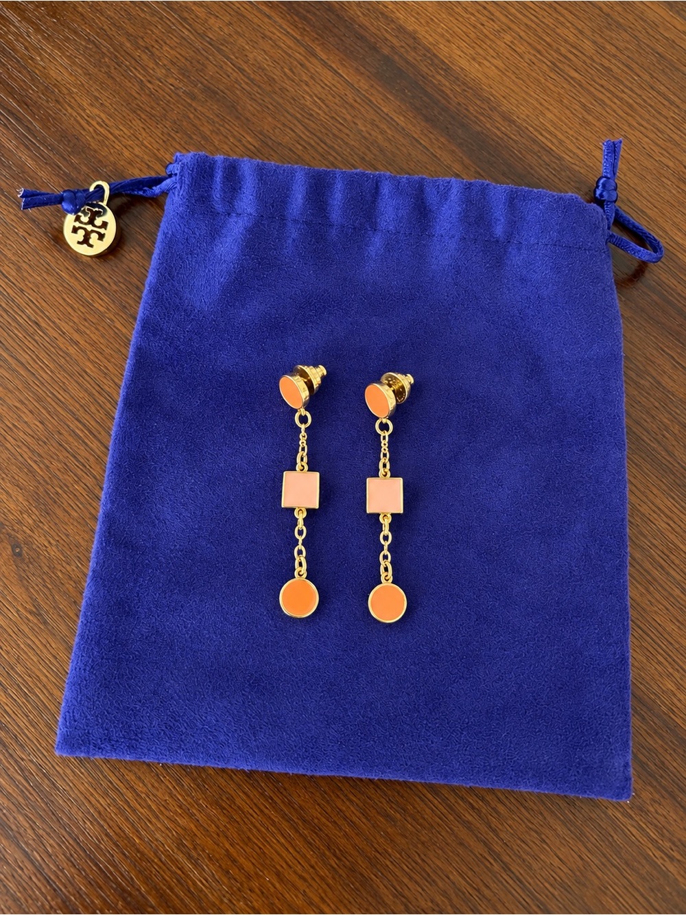 Tory Burch - Gold Coral Pink Enamel Geometric Drop Earrings